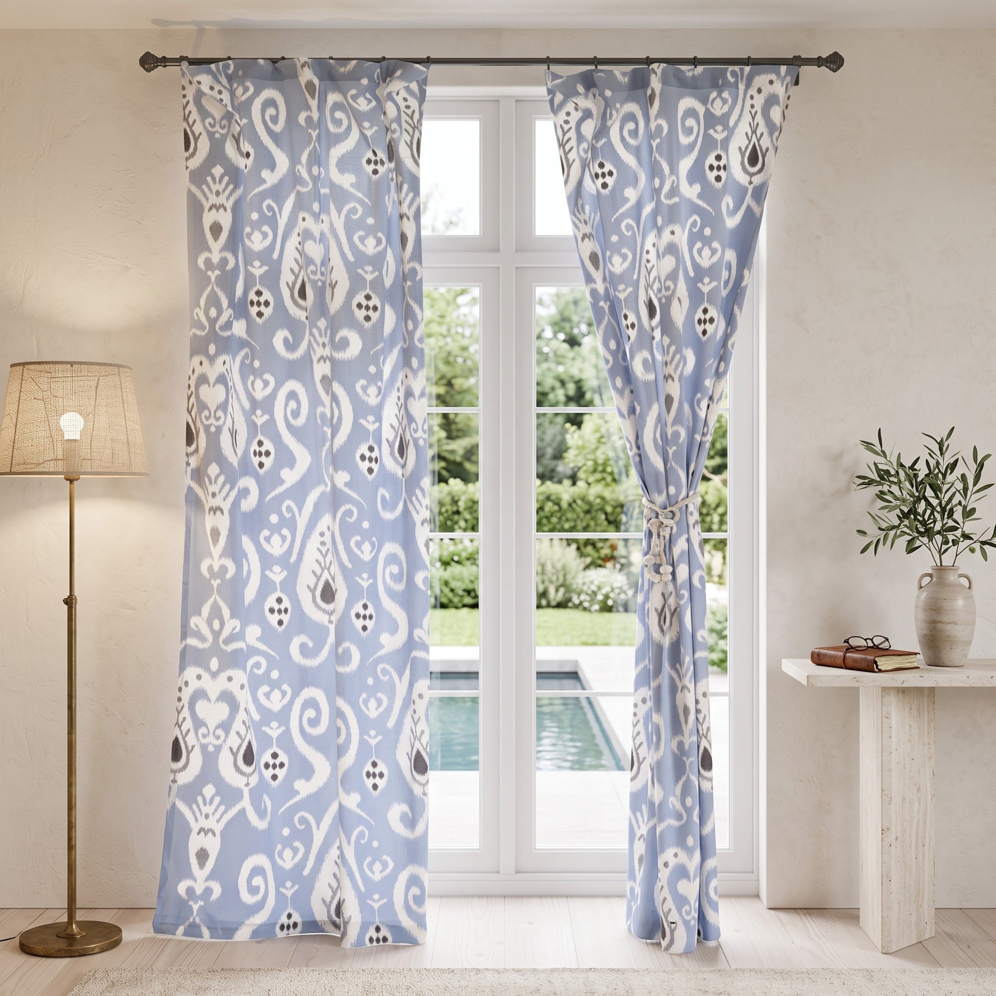 Blue Ikat Sheer Curtain Panel | Printed Cotton Voile | Block Print Drape - Vliving