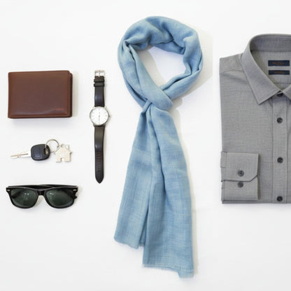 POWDER BLUE fine wool scarf women/men, solid colour, reversible, fashion shawl or stole or wrap, unisex - Vliving