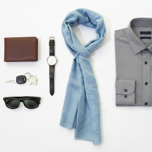POWDER BLUE fine wool scarf women/men, solid colour, reversible, fashion shawl or stole or wrap, unisex - Vliving