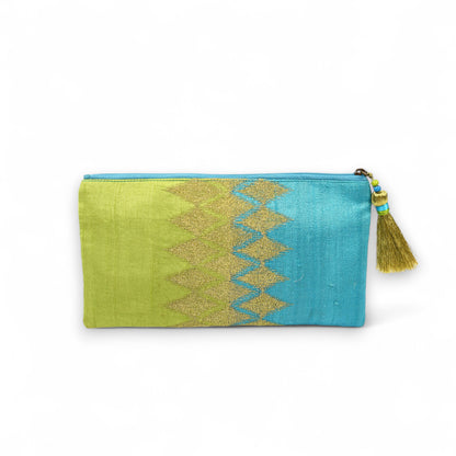 Ikat clutch - turquoise and green evening purse in pure silk with ikat like embroidery