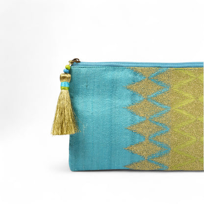 Ikat clutch - turquoise and green evening purse in pure silk with ikat like embroidery