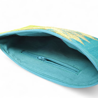 Ikat clutch - turquoise and green evening purse in pure silk with ikat like embroidery