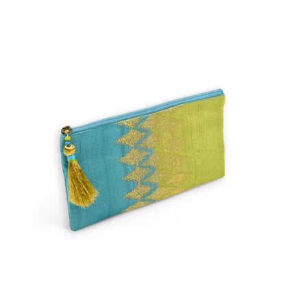 Ikat clutch - turquoise and green evening purse in pure silk with ikat like embroidery