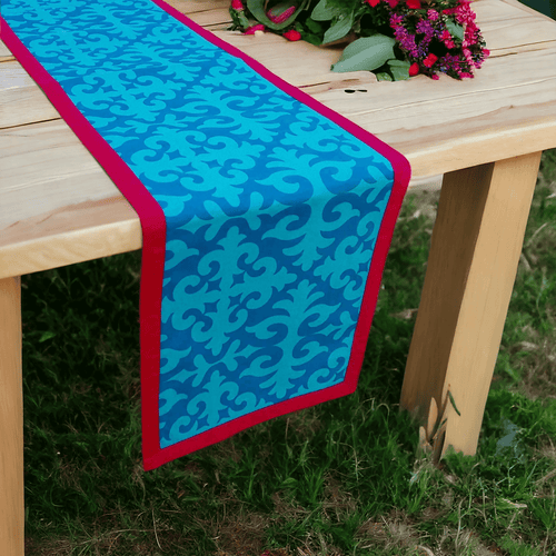 Shyrdak Turquoise Table Runner – Cotton | Hot Pink Border | Bohemian Decor