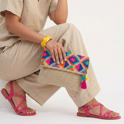 Kilim Embroidered Linen Foldover Clutch | Boho Moroccan Pouch | Handmade Tassel Zip