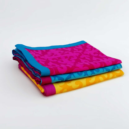 Shyrdak Hot Pink Cotton Tablecloth – Tone-on-Tone Scroll Print with Turquoise Border | 2 Sizes