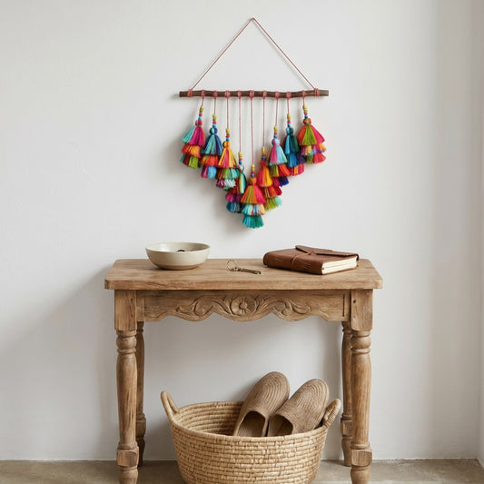 Multicolour Cascading Tassel Wall Art – Boho Handmade Wall Hanging