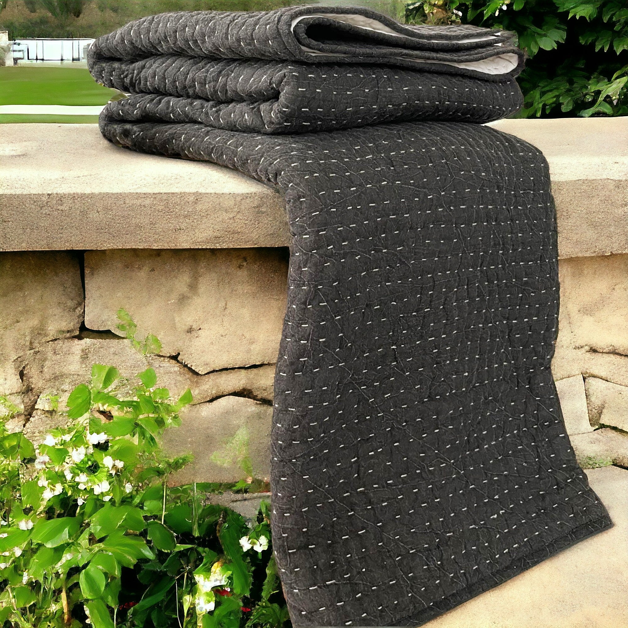 Charcoal quilted Throw blanket hand quilted and stonewashed stripe q Vliving