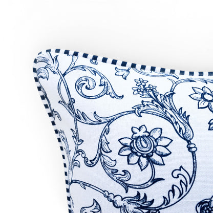 Blue & White Victorian Swirl Print Cotton Cushion Cover | Welted | Zip Closure | 100% Cotton