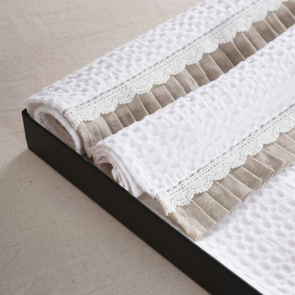 GIFT PACK - Luxury Organic Cotton Waffle Towel Set – 3 Piece | Gathered Linen & Lace Trim - Vliving
