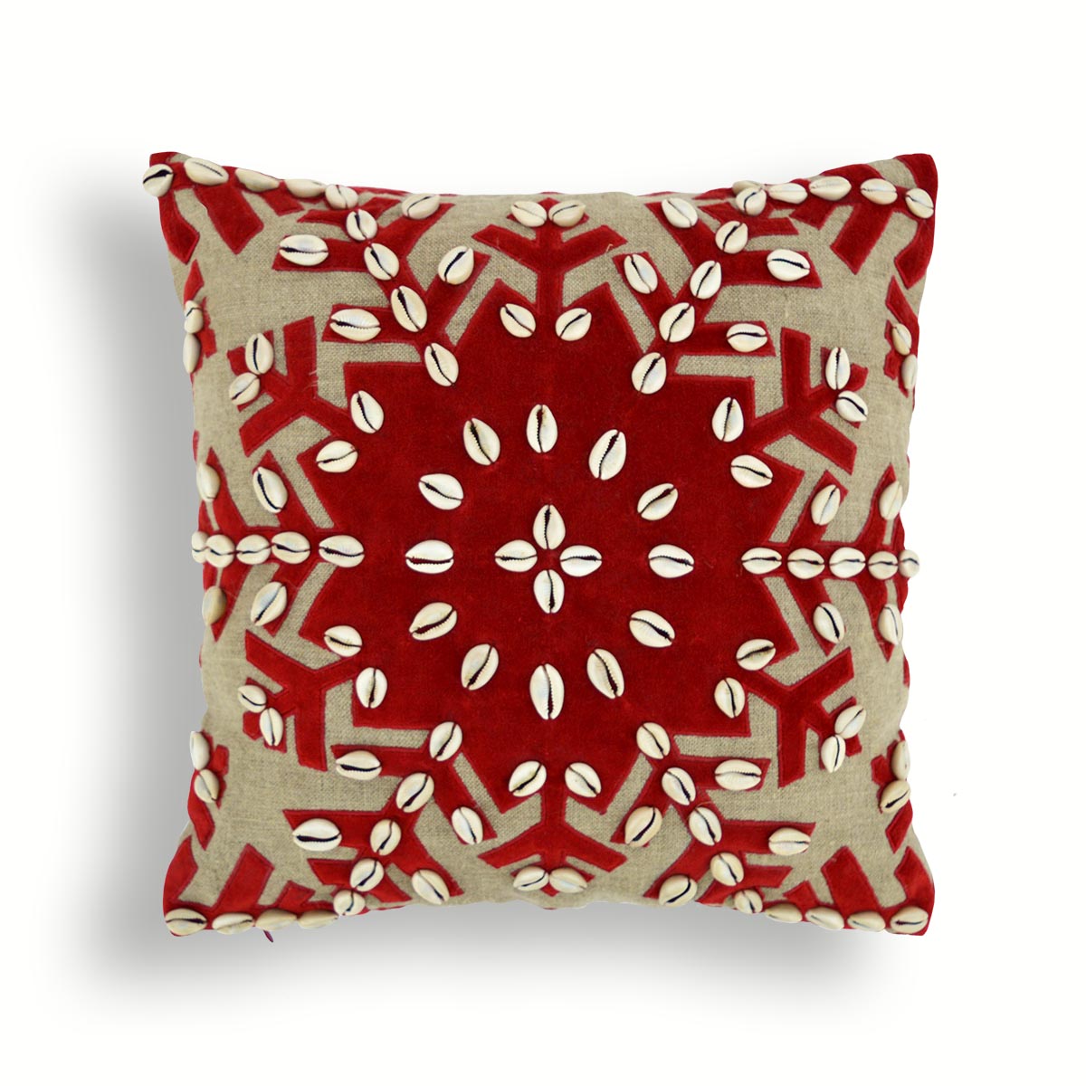 Christmas linen pillow cover, snowflake, velvet applique, cowrie shells