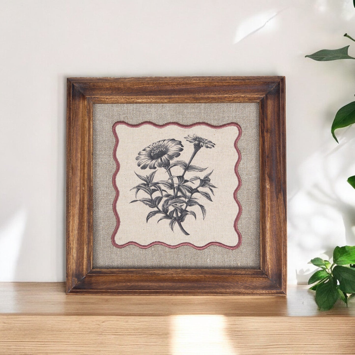 BOTANICAL wall art, Daisy motif with wooden frame, 12X12 inches