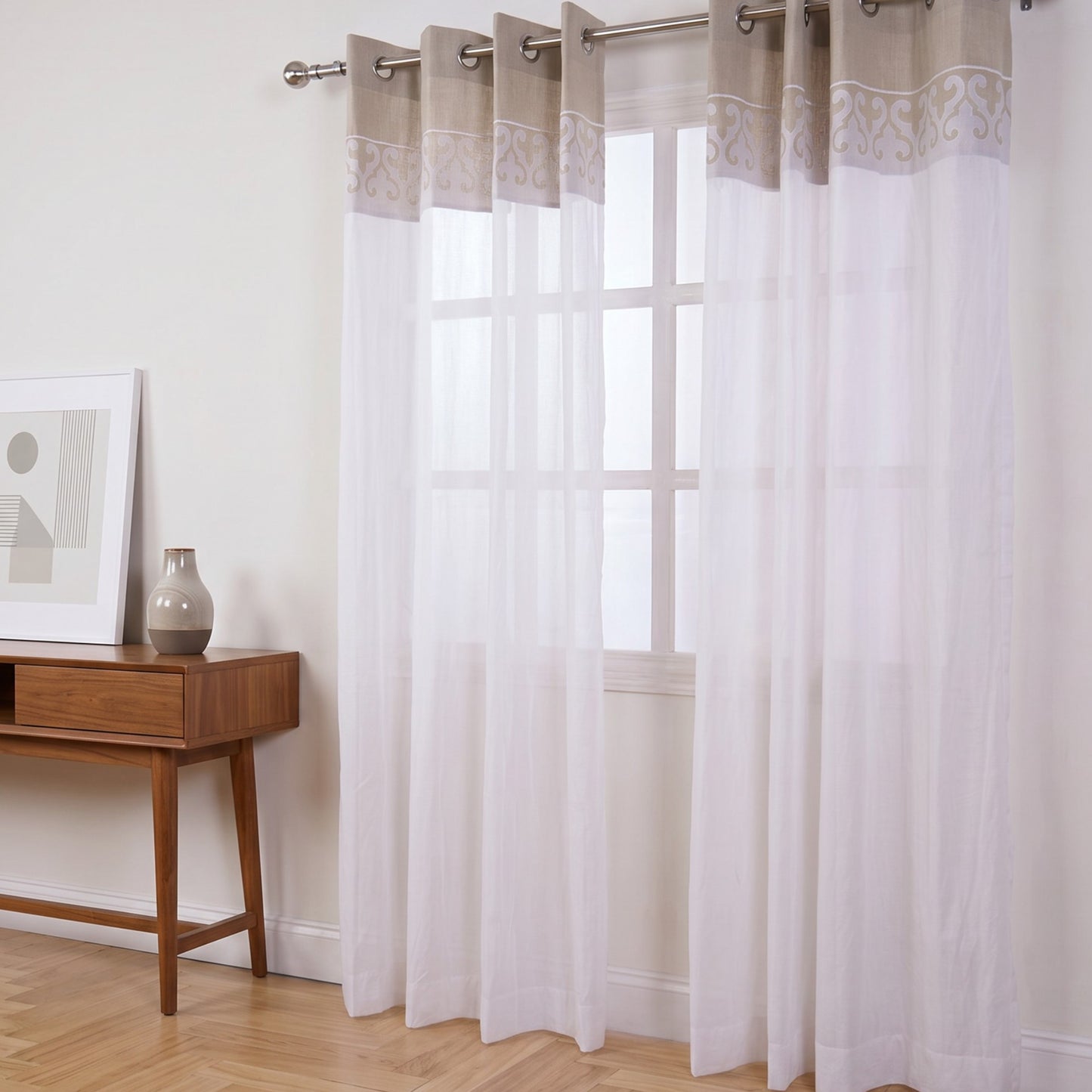 Linen & Organdy Curtain Panel | Suzani Applique Border | 4 Hanging Styles | 52 × 63 & 52 × 84 inches - Vliving