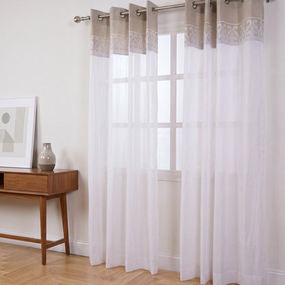 Linen & Organdy Curtain Panel | Suzani Applique Border | 4 Hanging Styles | 52 × 63 & 52 × 84 inches - Vliving