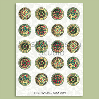 Persian circles , Digital Print download, 1.5 &amp; 0.75 inch diameter, 2 sheet, pendants, ring, magnets, bezel trays,earring