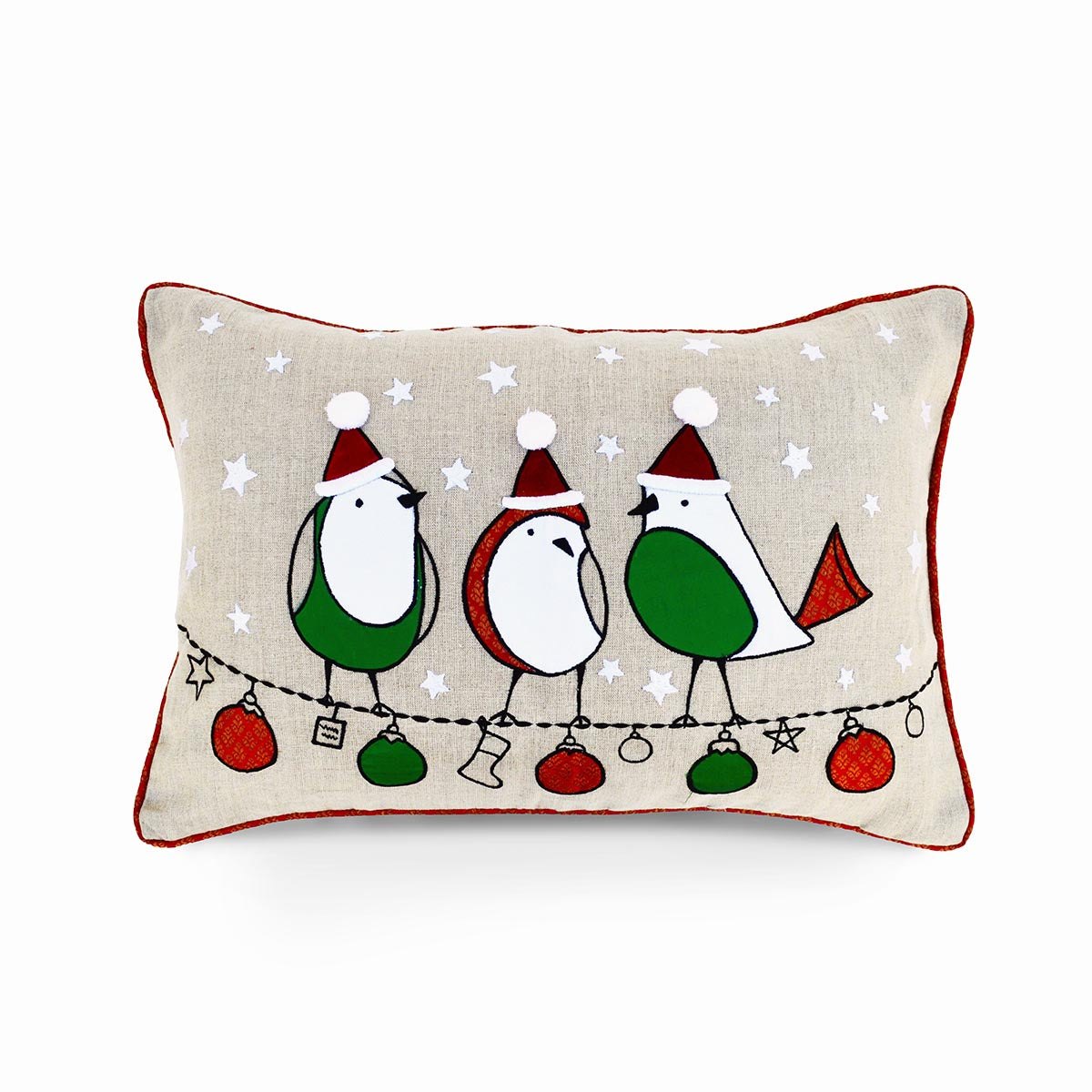 Christmas linen pillow cover, birds, ornaments, Indian brocade