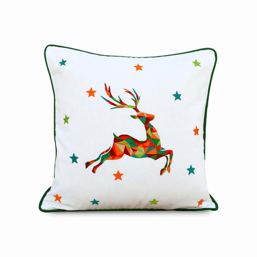 Christmas Reindeer Embroidered Cushion Cover – Geometric Multicolour, 16