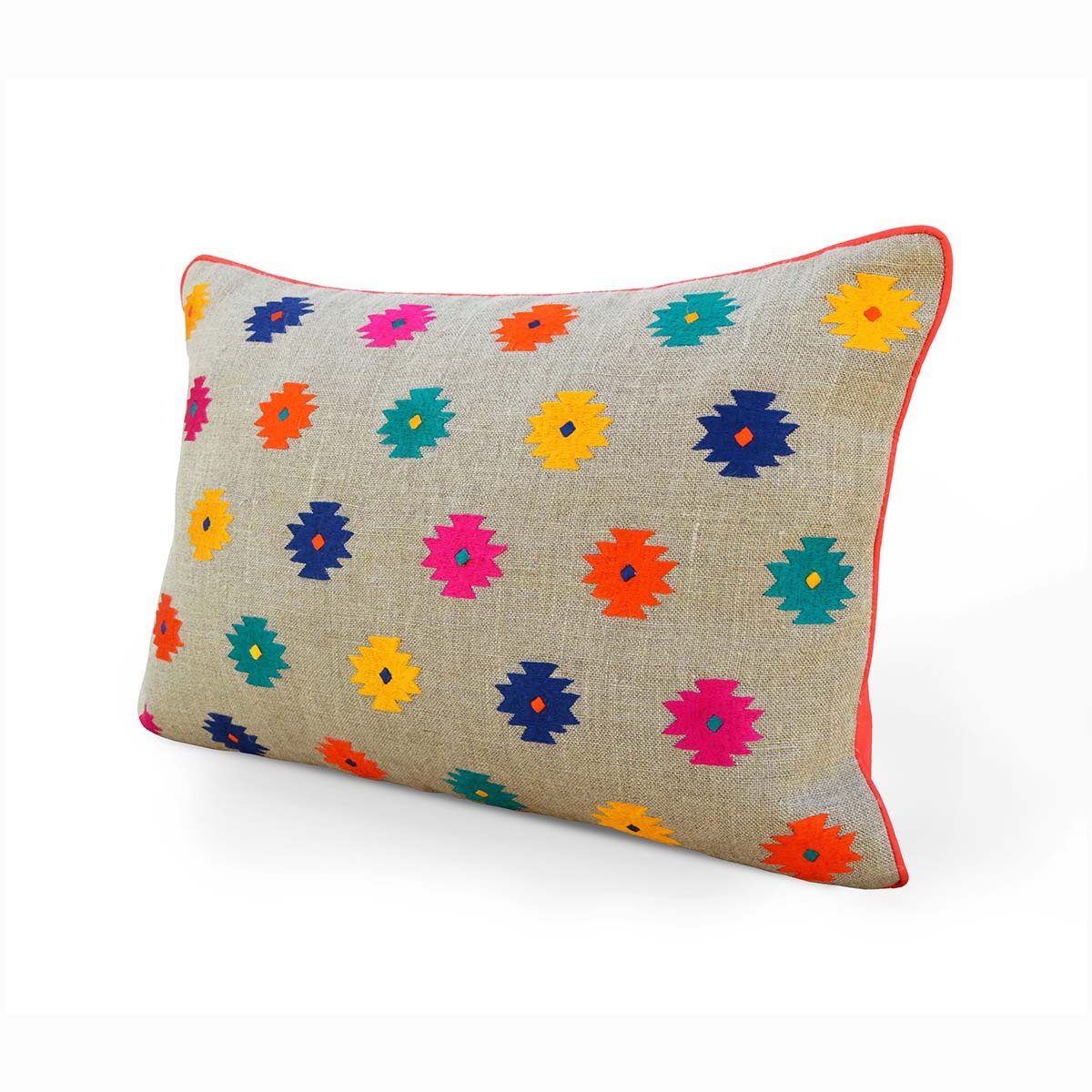 Folk - Colourful bohemian linen pillow cover, embroidered with kilim, peruvian patterns