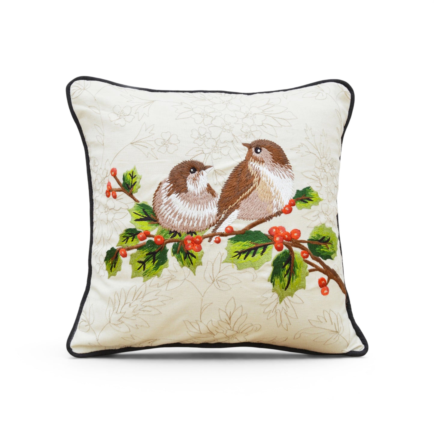 Brown Love Birds Embroidered Cotton Throw Pillow Cover – Off White, 12"x12" - Vliving
