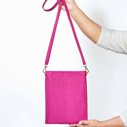Faux Silk Bright Pink Sling Bag - Quilted, Stripe Pattern – 8x10 Inches | Faux Silk Strap