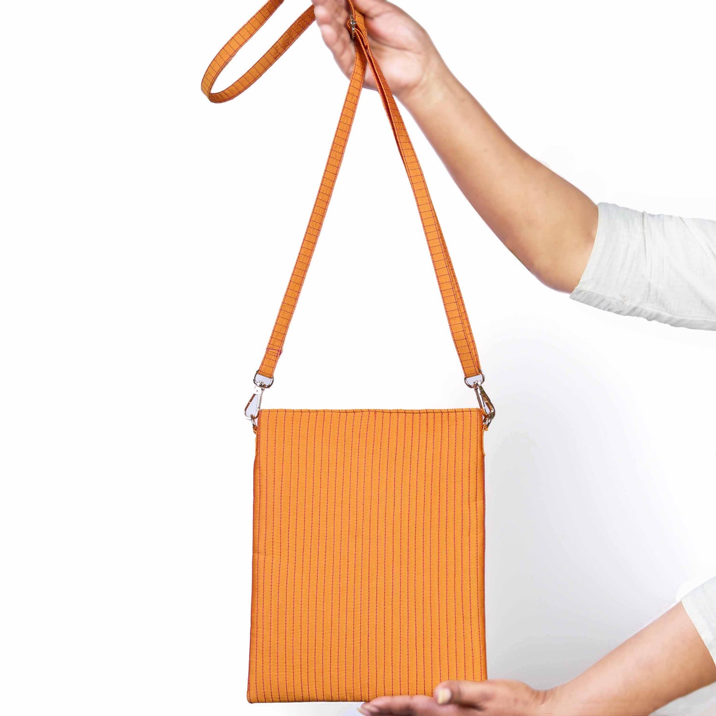 Faux Silk Tangerine Sling Bag - Quilted, Stripe Pattern – 8x10 Inches | Faux Silk Strap