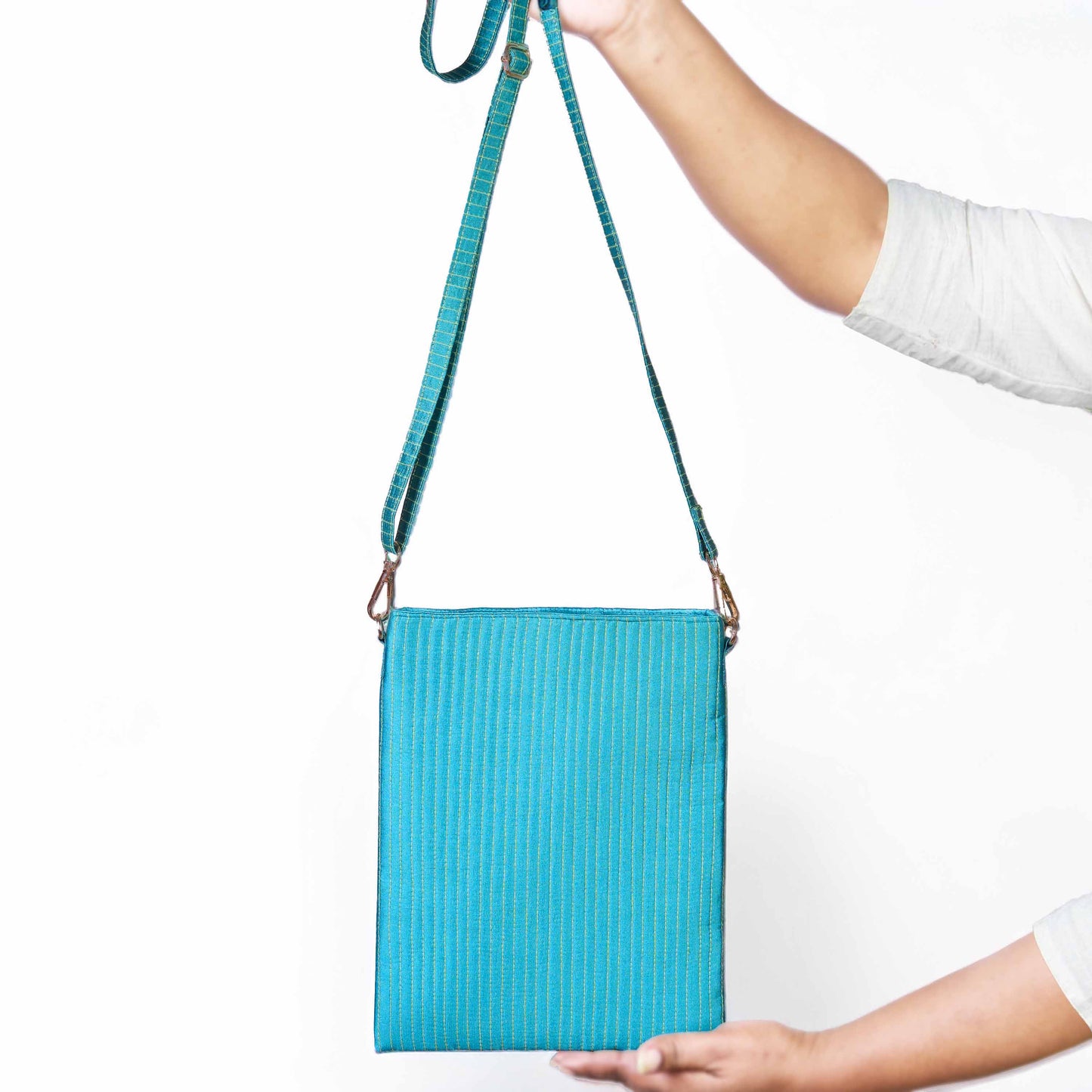 Faux Silk Turquoise Sling Bag - Quilted, Stripe Pattern – 8x10 Inches | Faux Silk Strap