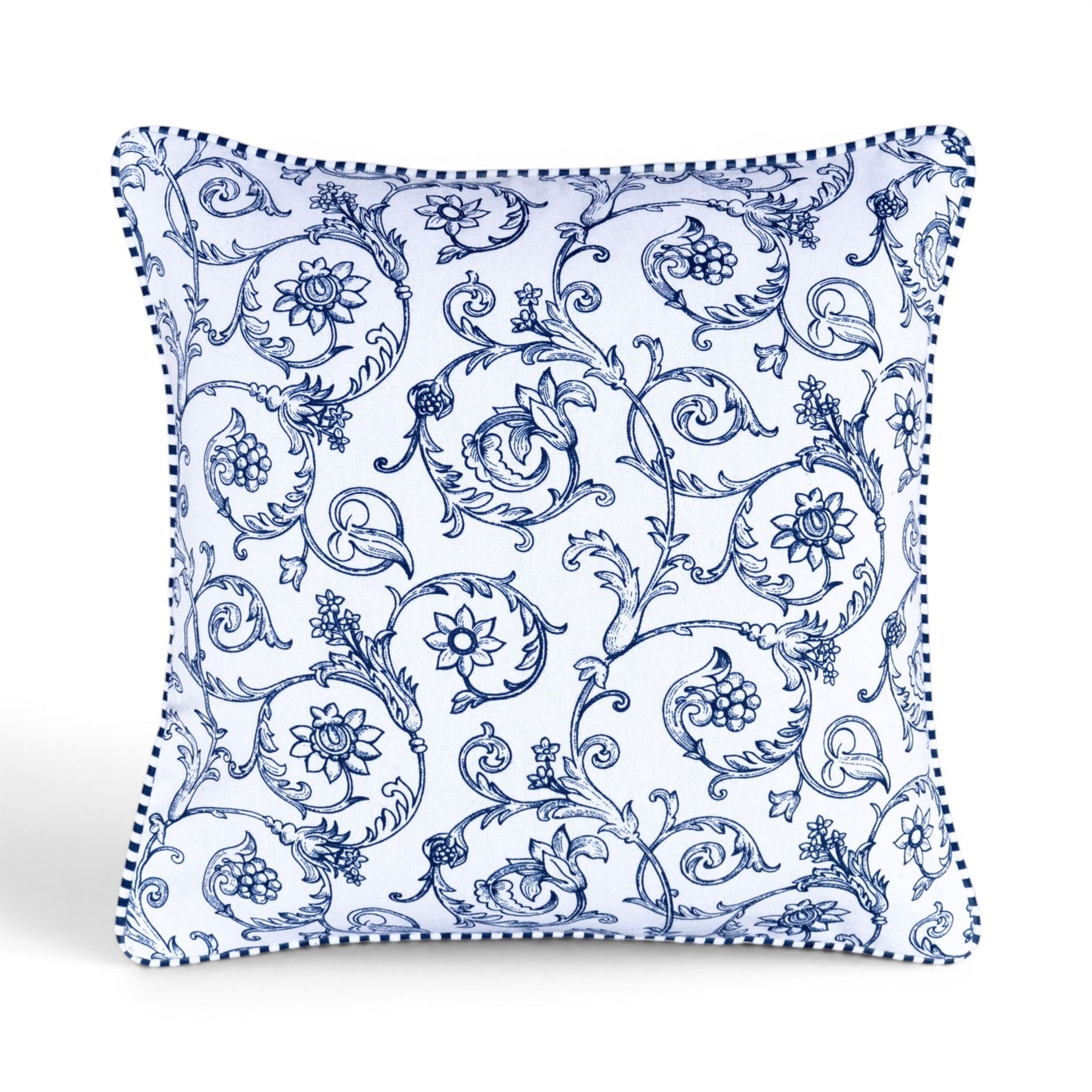 Blue & White Victorian Swirl Print Cotton Cushion Cover | Welted | Zip Closure | 100% Cotton