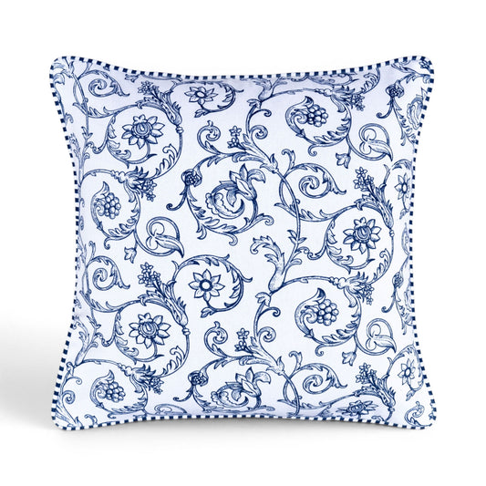 Blue & White Victorian Swirl Print Cotton Cushion Cover | Welted | Zip Closure | 100% Cotton