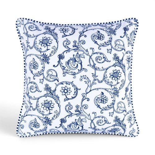 Blue & White Victorian Swirl Print Cotton Cushion Cover | Welted | Zip Closure | 100% Cotton