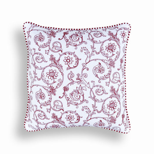Red & White Victorian Swirl Print Cotton Cushion Cover | Welted | Zip Closure | 100% Cotton