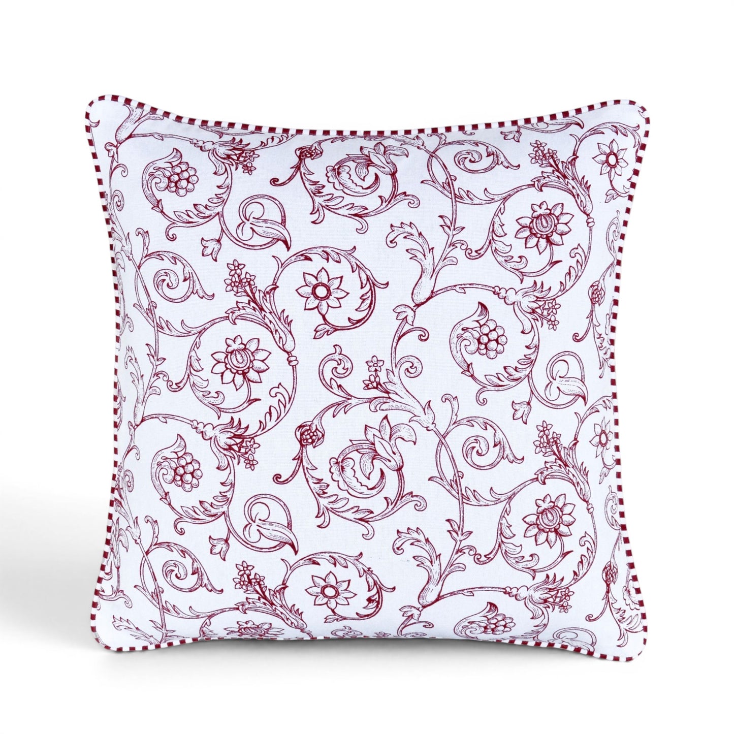 Red & White Victorian Swirl Print Cotton Cushion Cover | Welted | Zip Closure | 100% Cotton