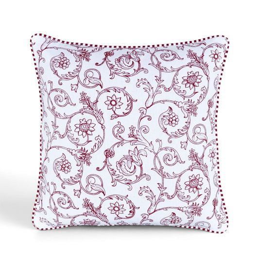 Red & White Victorian Swirl Print Cotton Cushion Cover | Welted | Zip Closure | 100% Cotton
