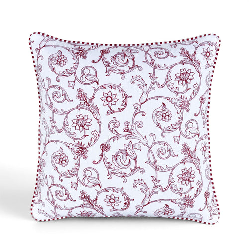 Red & White Victorian Swirl Print Cotton Cushion Cover | Welted | Zip Closure | 100% Cotton