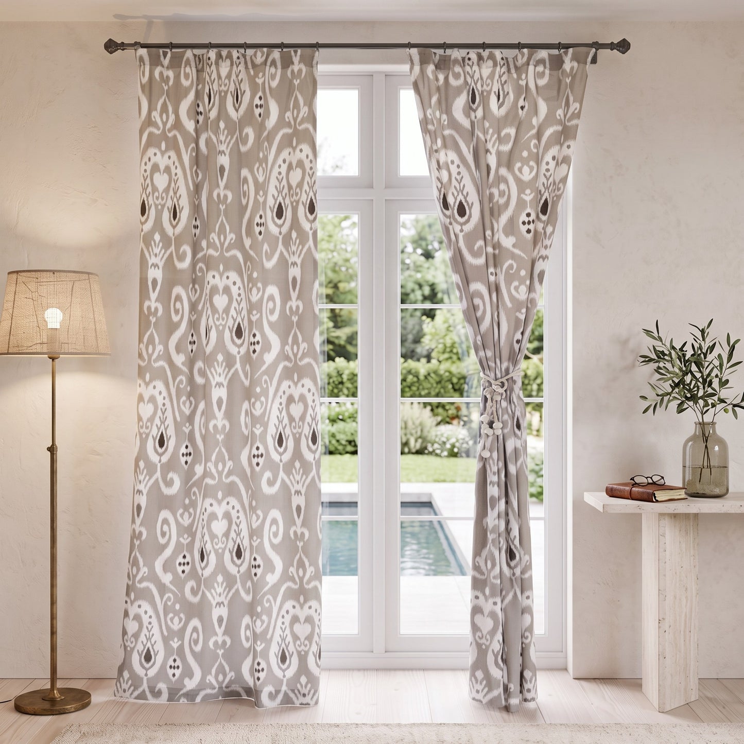 Grey Ikat Sheer Curtain Panel | Printed Cotton Voile | Block Print Drape - Vliving