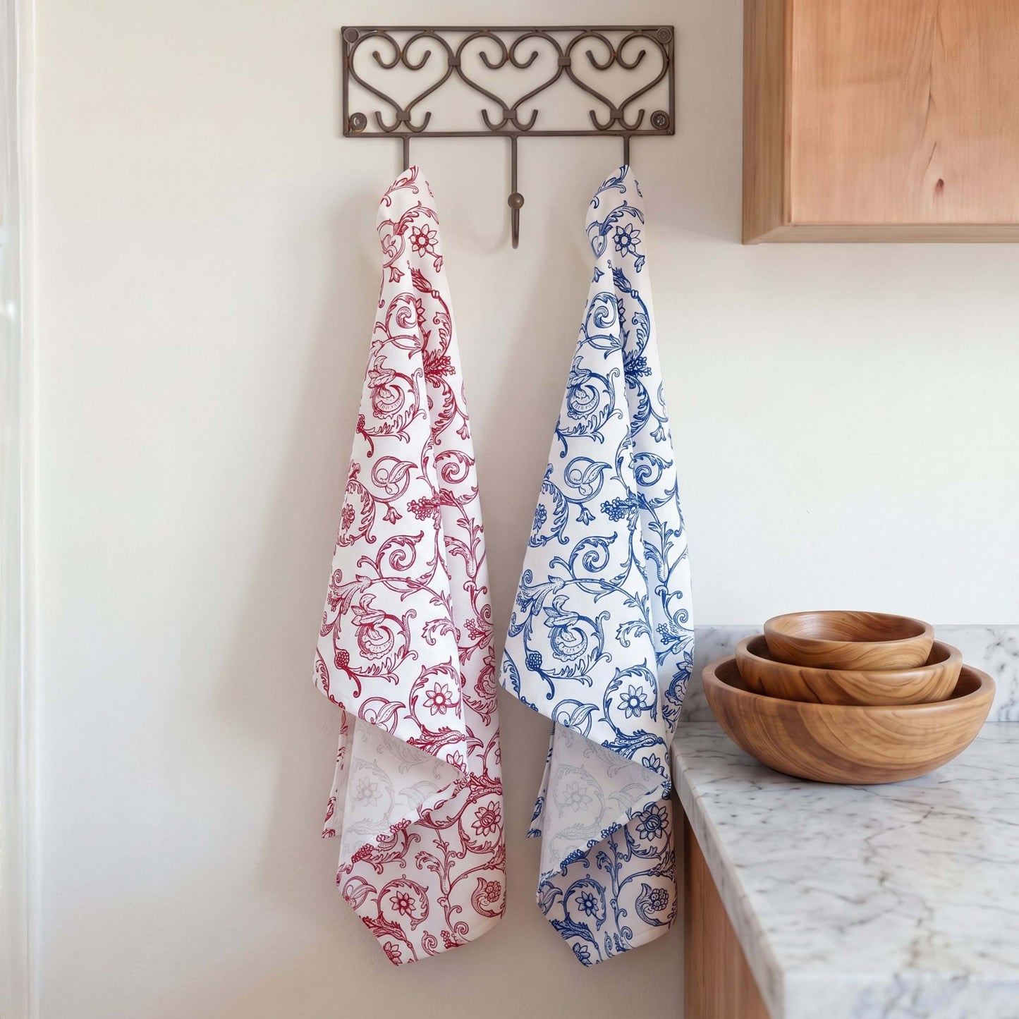 Red & White Victorian Swirl Print Cotton Kitchen Towel | 100% Cotton | 20"×28"