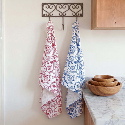 Red & White Victorian Swirl Print Cotton Kitchen Towel | 100% Cotton | 20"×28"