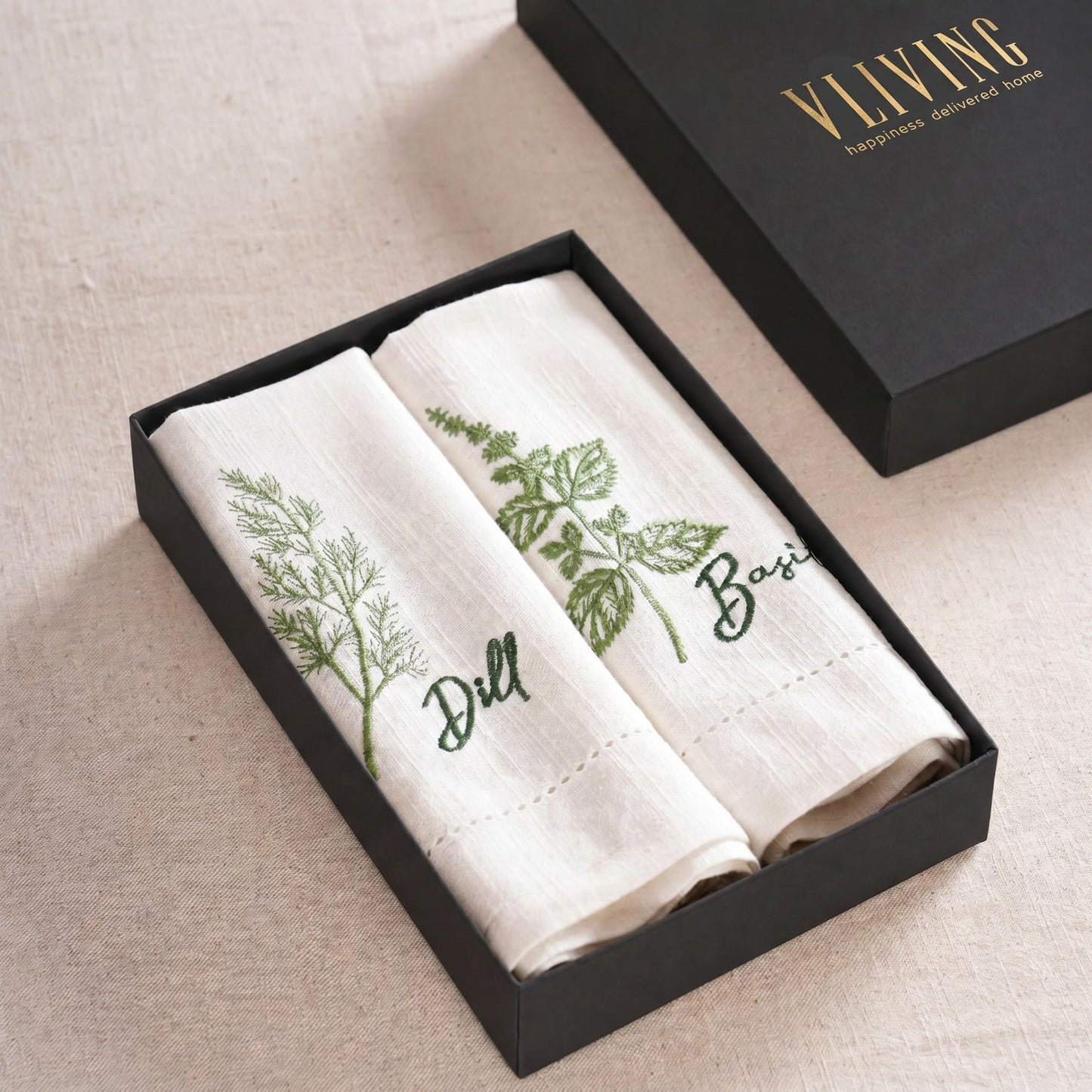 Linen Blend Cotton Napkins – Embroidered Herbs Collection with Gift Box - 18X18 inches - Vliving