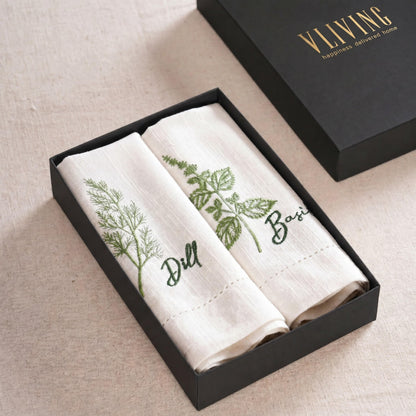 Linen Blend Cotton Napkins – Embroidered Herbs Collection with Gift Box - 18X18 inches - Vliving