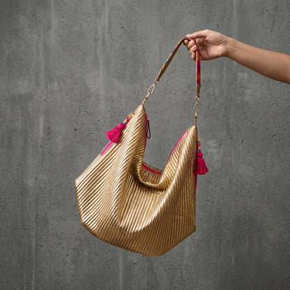 Faux Silk quilted HOBO Bag, Metallic Gold, hand embroidered handle, Gift for her