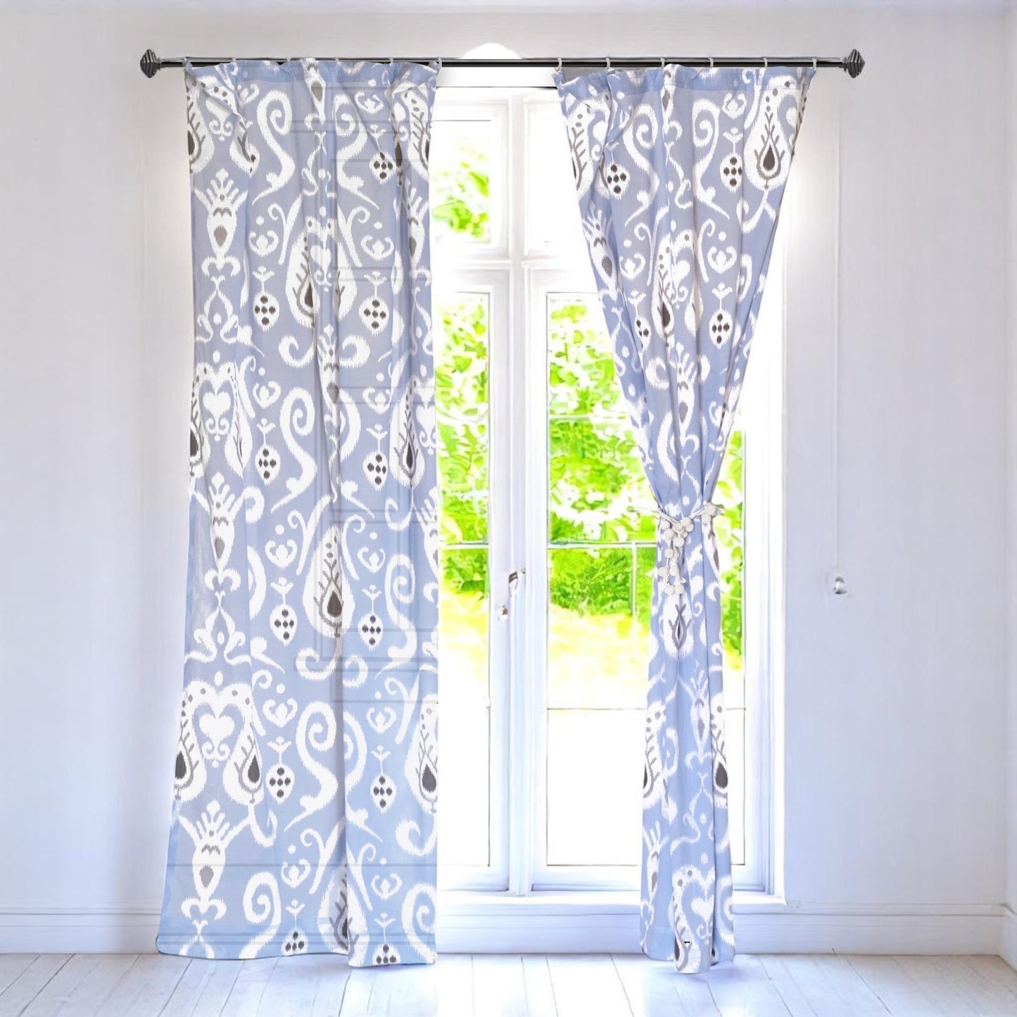 Ikat - Sheer cotton printed curtain panel in blue colour