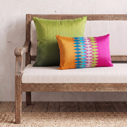 Ikat Hot Pink & Orange Silk Dupion Cushion Cover – Multicolour Chevron Embroidery | 4 Sizes