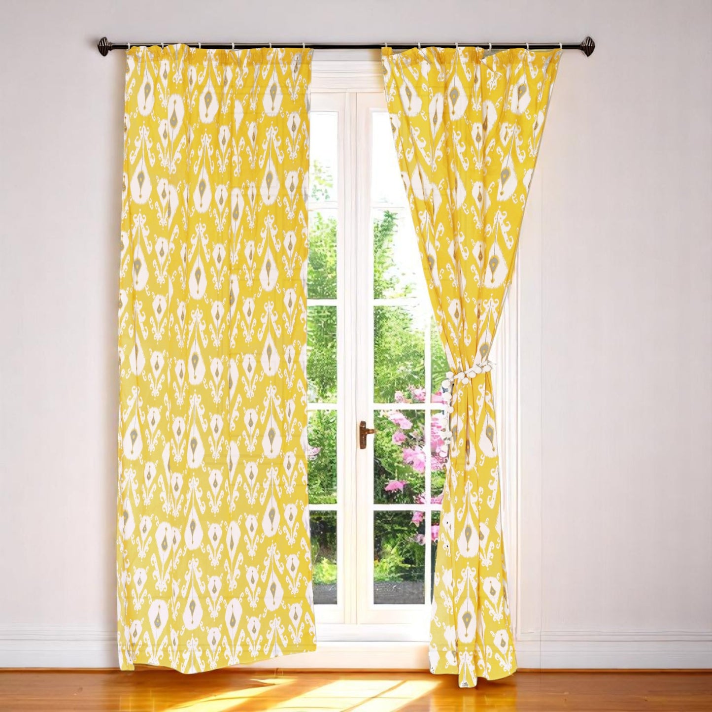 Ikat - Sheer cotton ikat print curtain panel in yellow colour.