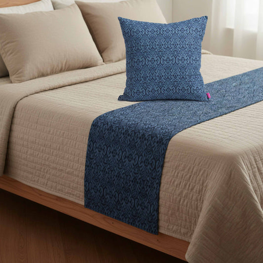 IKAT PRINT - Indigo colour cotton Bed runner set - King / Queen / Twin Size