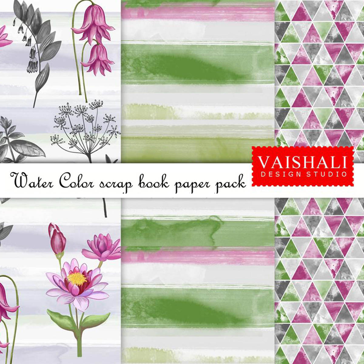 Water colour Floral patterns, multicoloured, seamless pattern, 3 sheets, digital prints