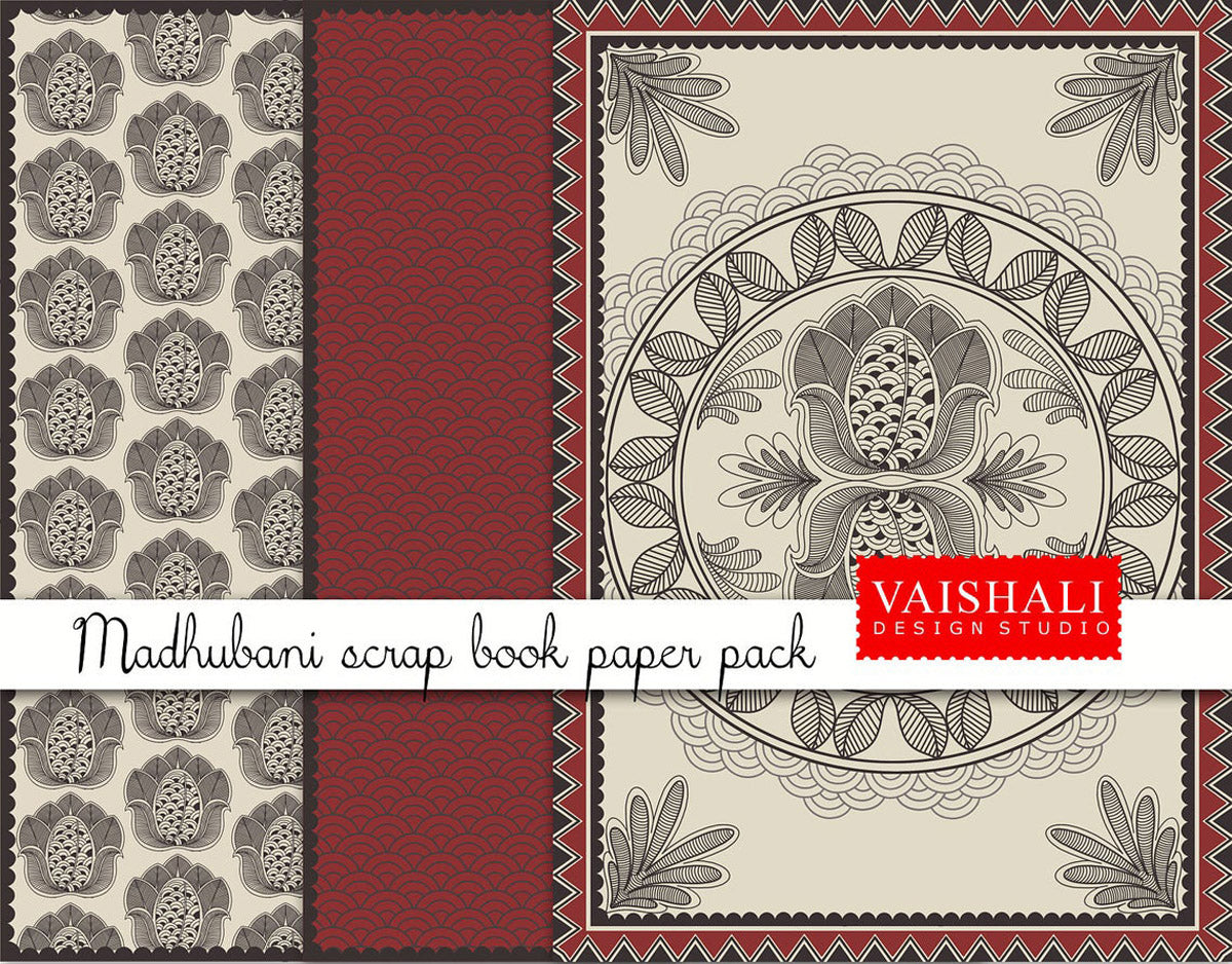 Indian Ethnic prints, Madhubani art, folk art, gray and red colour, 3 sheets, digital print downloads