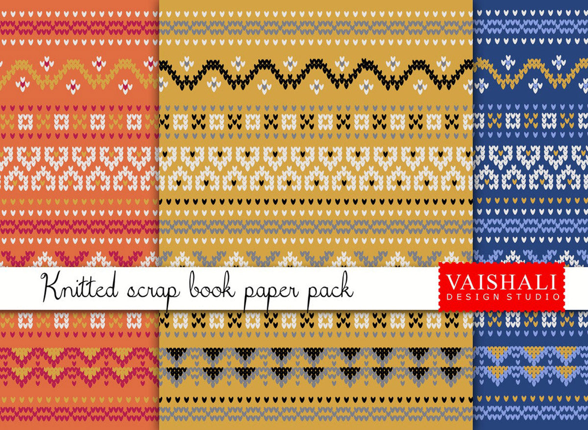 Knitted pattern, Blue, Orange, Yellow, 3 sheets, digital print downloads