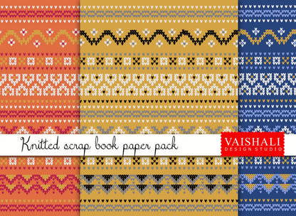 Knitted pattern, Blue, Orange, Yellow, 3 sheets, digital print downloads