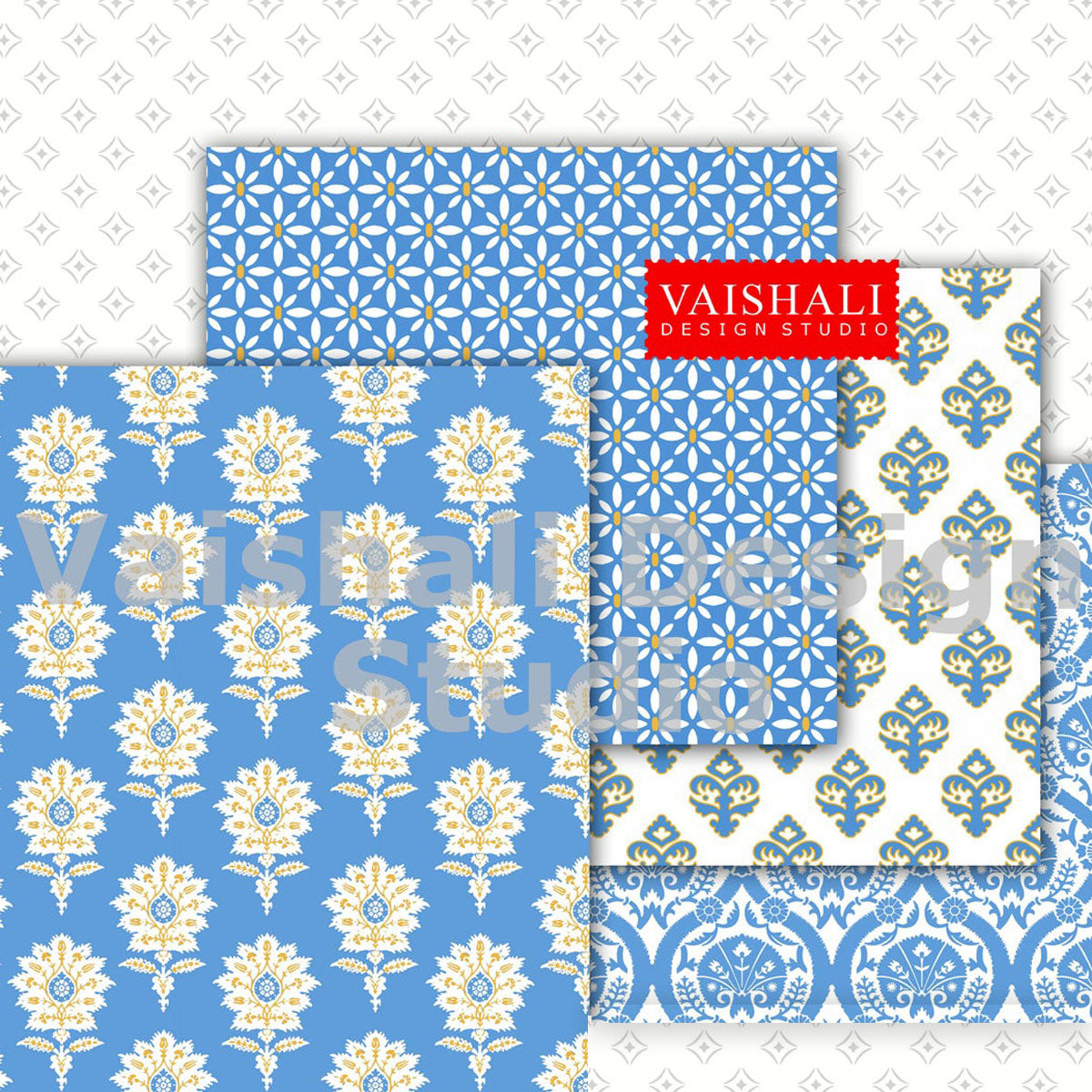 Block print, ethnic, Digital print pack, blue colour, 4 sheets