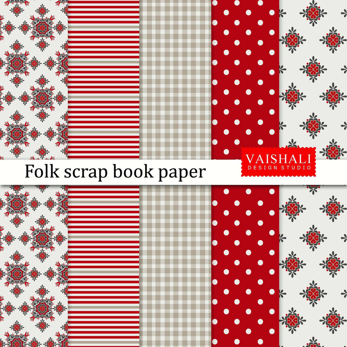 Folk pattern, red with beige color, seamless pattern, 5 sheets, digital print downloads