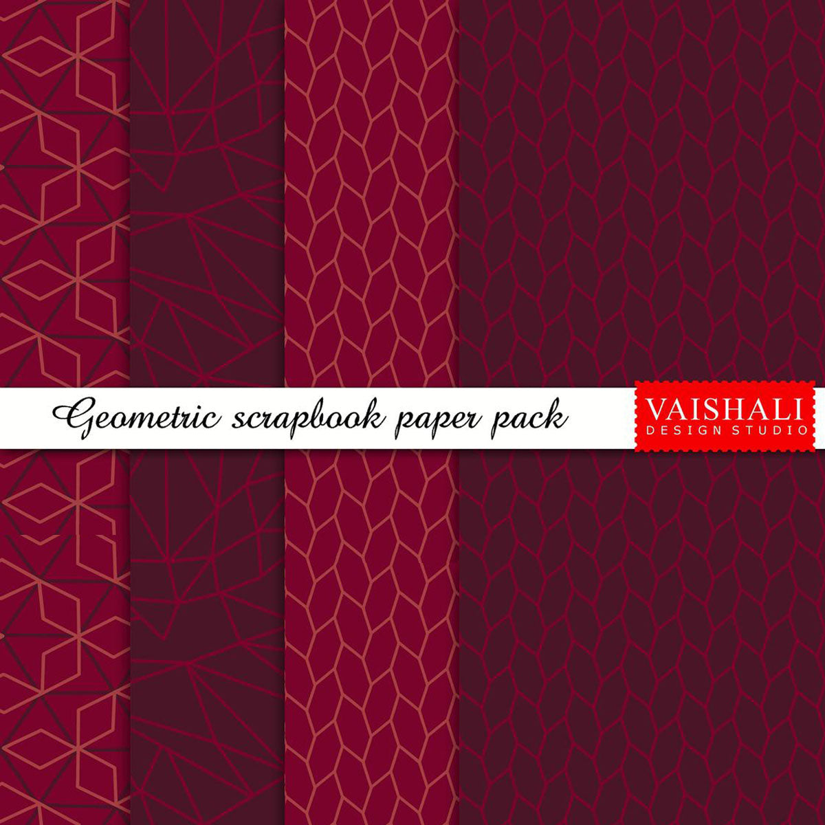 Geometrical pattern ,deep red ,coral colour, 4 sheets, digital print downloads